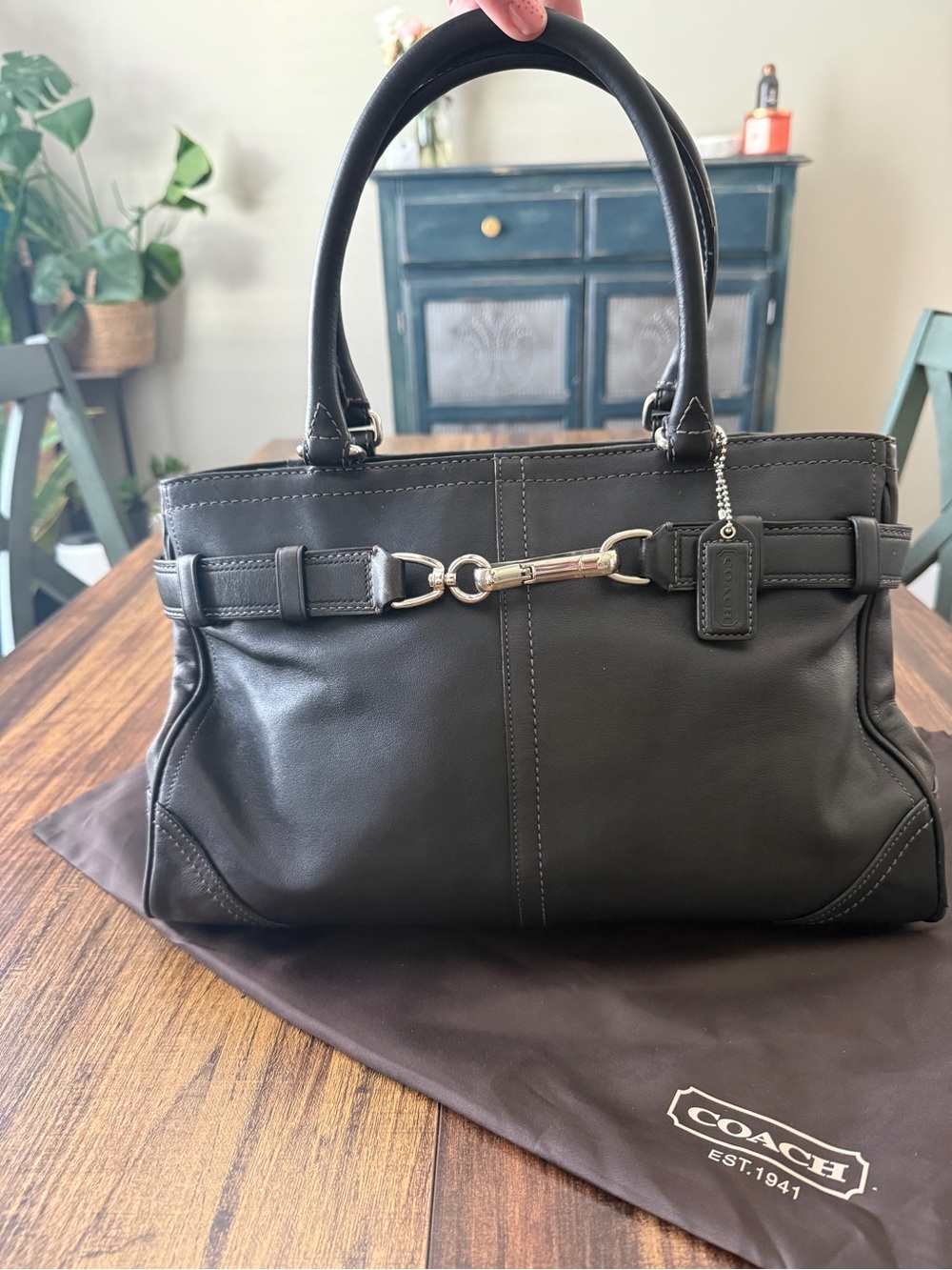 Vintage Coach Black Leather Satchel with Silver- Includes Dust Bag